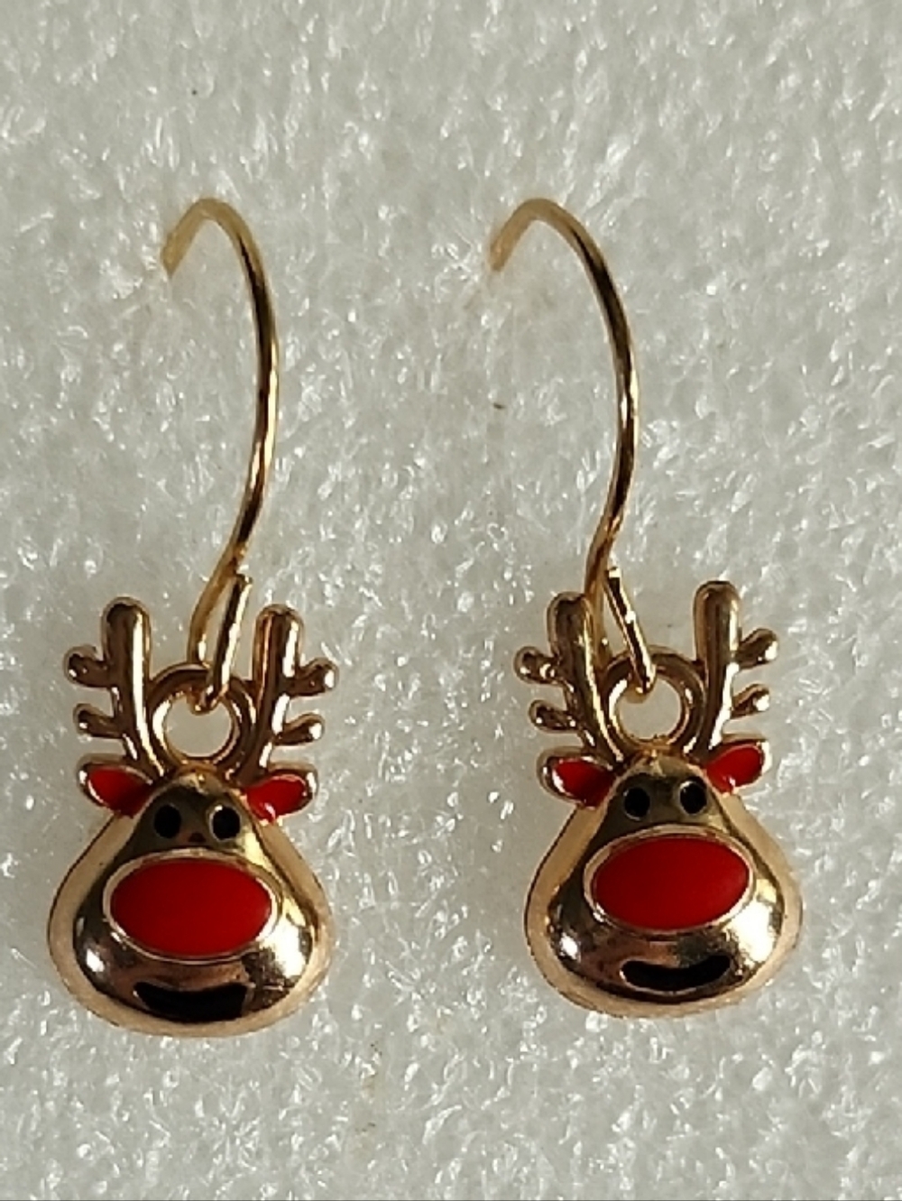 Hand Crafted Gold Reindeer Drop Earrings with Red Accents